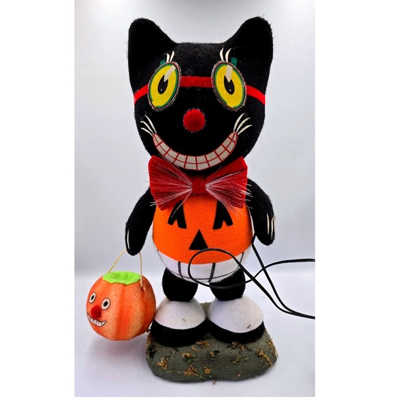 Other - Vintage Department 56 Fiber Optic Black Cat Halloween Figurine Pumpkin RARE